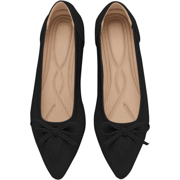 🆕Women Black Knit Pointed Toe Bow Ballet Flats Comfortable Dressy Slip On Shoes - Picture 1 of 6